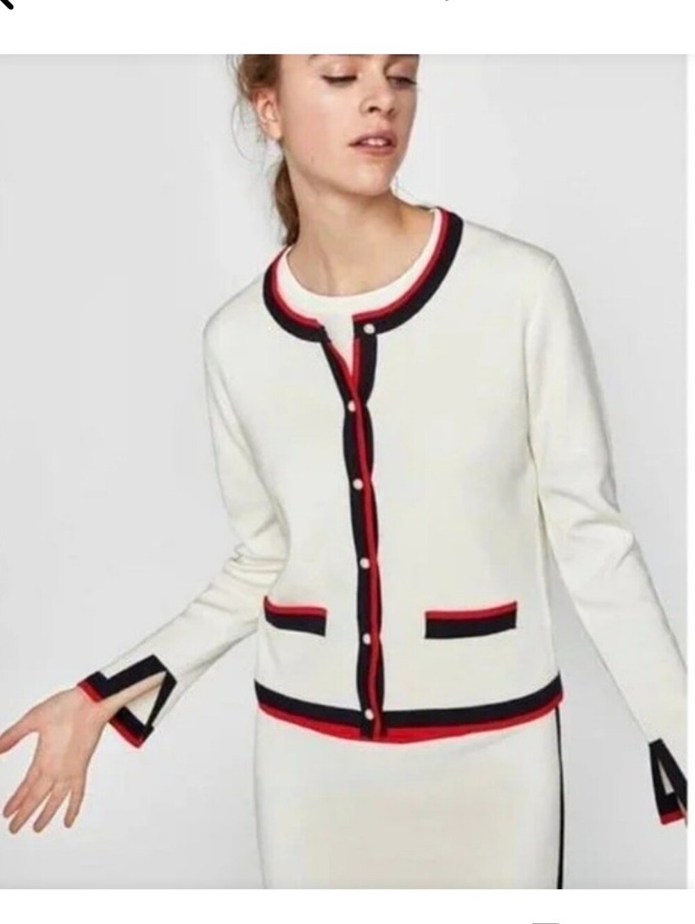 Zara Cream Knit Cardigan with Black & Red Trim